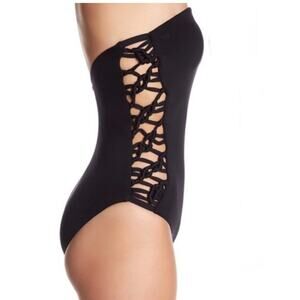 Halter bandeau lace-up swimsuit New ladies black small one piece by Red Carter